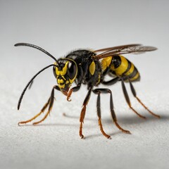 "A black and yellow-striped wasp with translucent wings and a poised stance, set on a white background."