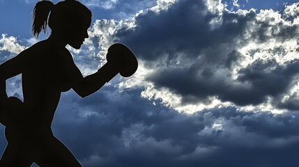 Silhouette of a woman boxing, integrated with an image of stormy clouds, highlighting strength amidst challenges. Double Exposure. [Women]:[Strength]. 