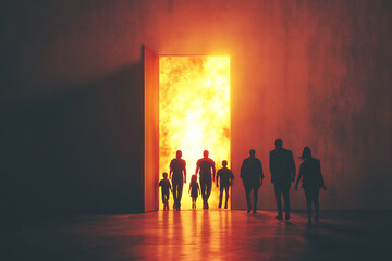Fototapeta premium Figures emerge through a blazing doorway, symbolizing a journey from darkness to light in a surreal setting