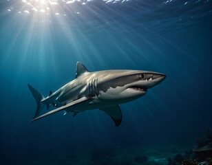 Obraz premium A huge shark swims in the depths of the ocean.