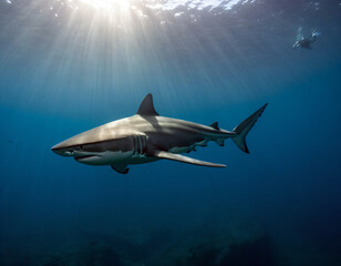 Naklejka premium A huge shark swims in the depths of the ocean.