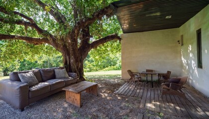 큰 나무 아래 대화를 할 수 있는 소파와 테이블이 놓여있다