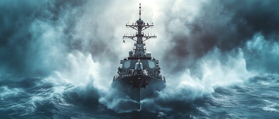 Fototapeta premium Dramatic Encounter of a Navy Destroyer Battling High Waves Under Dark Stormy Skies with Intense Lighting and Atmospheric Effects