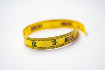 A vivid yellow measuring tape lies curled on a white background. It symbolizes precision and measurement in various applications. This tool is essential for professionals and DIY enthusiasts