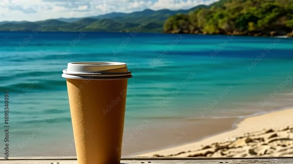 Poster cup of coffee is sitting on the beach next to the ocean. the scene is peaceful and relaxing, with th