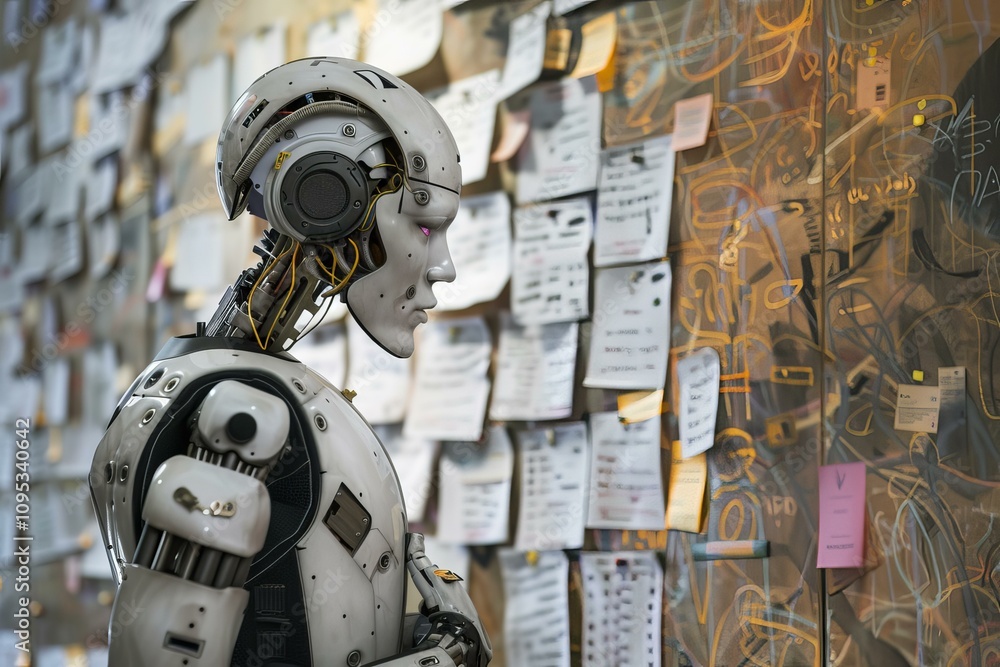 Poster advanced humanoid robot analyzing information displayed on a bulletin board, showcasing artificial i