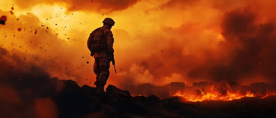 Soldier Standing on Battlefield Amidst Flames and Smoke, Evoking a Sense of Courage, Sacrifice, and Heroism in a Dramatic War Setting at Sunset