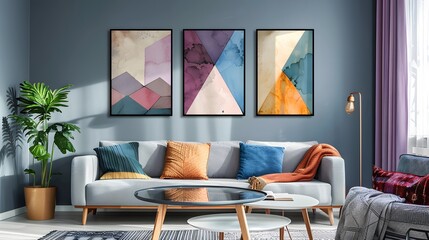 Modern living room interior with a sofa, three abstract art pieces on the wall, a potted plant, and a floor lamp.