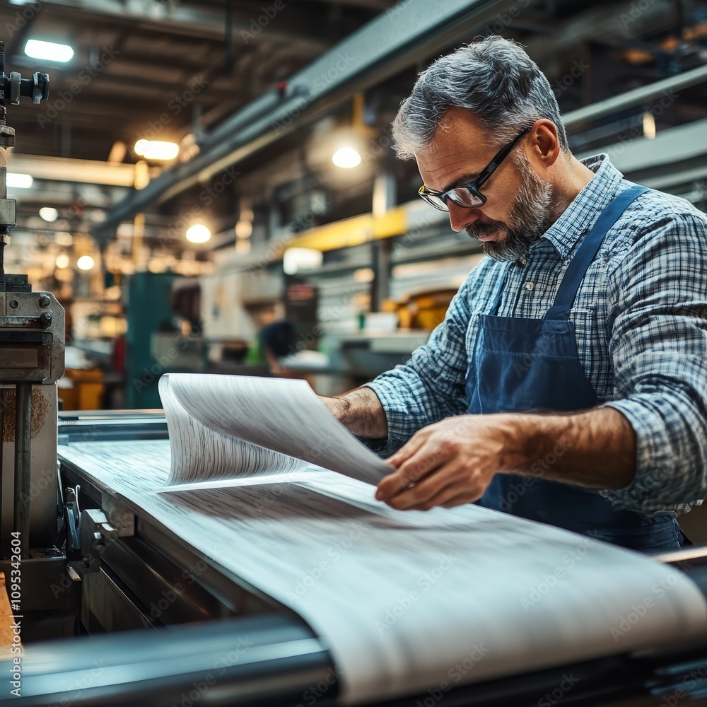 Poster man inspecting printed paper on a large machine.