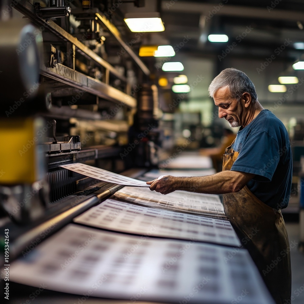 Poster worker inspecting printed sheets on large machine.