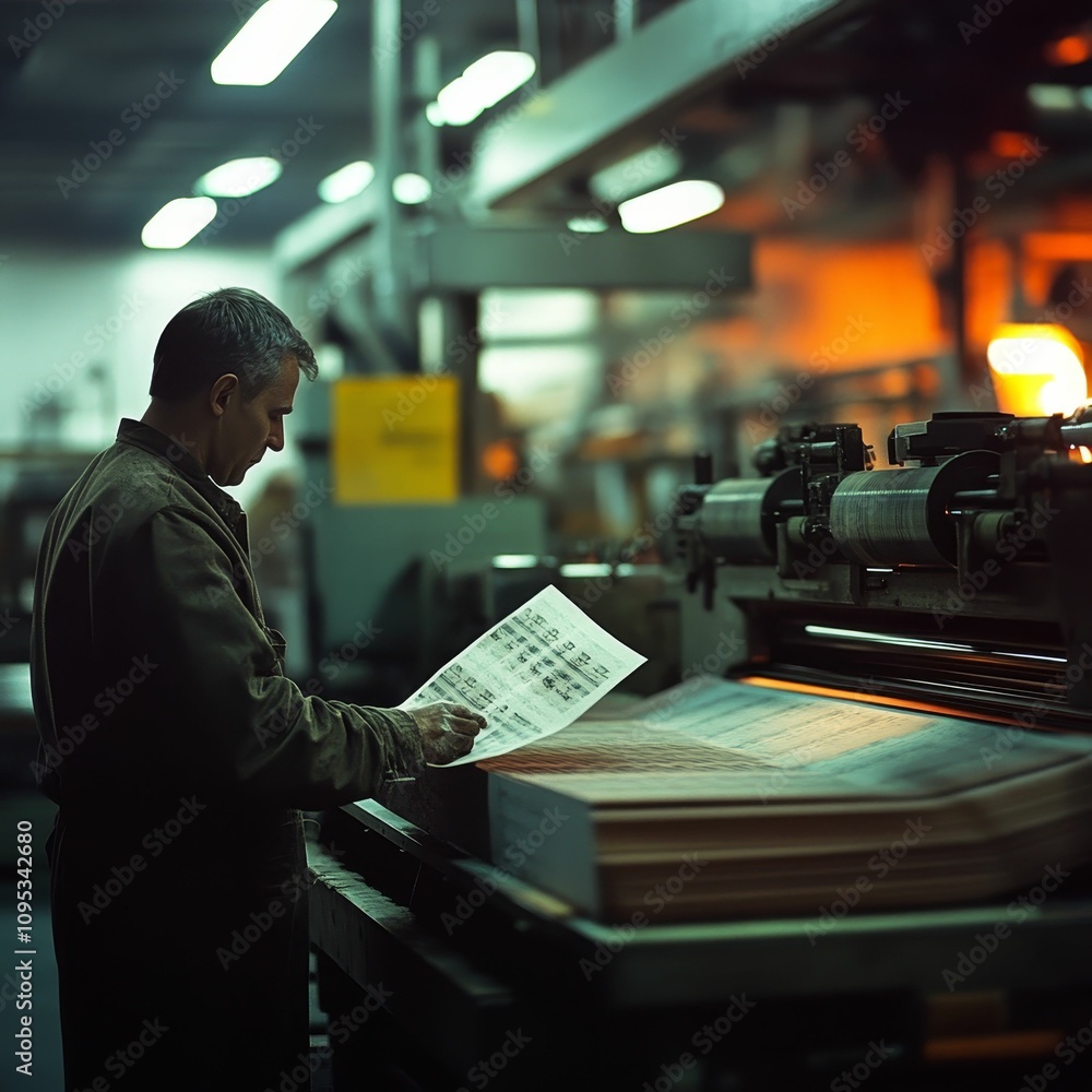 Poster Man inspecting print quality in factory.