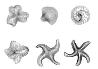 Dynamic amorphous line shapes, abstract fluid forms, liquid shapes made of lines with blend effect. Vector modern design elements.