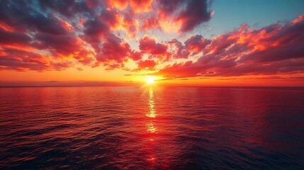 Obraz premium Vibrant sunset over calm ocean waters.
