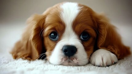 A charming puppy lies comfortably on a soft surface, showcasing its big, bright eyes and fluffy coat. The puppy exudes a playful yet calm demeanor, inviting interaction