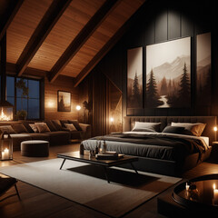 Modern cottage at night with a warm and cozy atmosphere, featuring dark brown furniture and nature-inspired paintings adorning the walls, creating an inviting and serene living space.