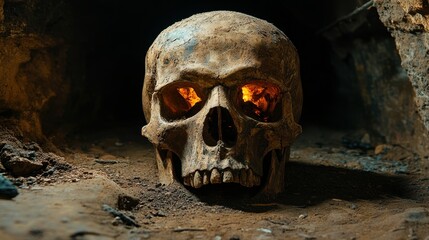 A detailed view of a skull with glowing orange eyes sits in a dark cave environment, emphasizing the eerie atmosphere and historical significance of this find