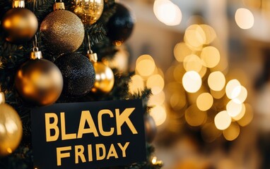Christmas Tree with Black Friday Sale A modern Christmas tree decorated with black and gold ornaments, with the words "BLACK FRIDAY" elegantly displayed in glowing white lights beneath it 