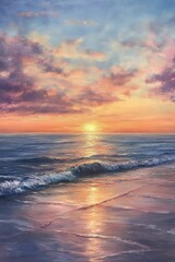 Sunset ocean beach; painted waves, sky.