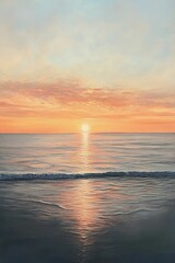 Obraz premium Serene sunset over calm ocean beach.