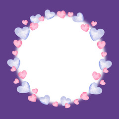 watercolor white round frame with heart to Valentine day theme, hand draw illustration of wreath, pink and lilac color border on violet background