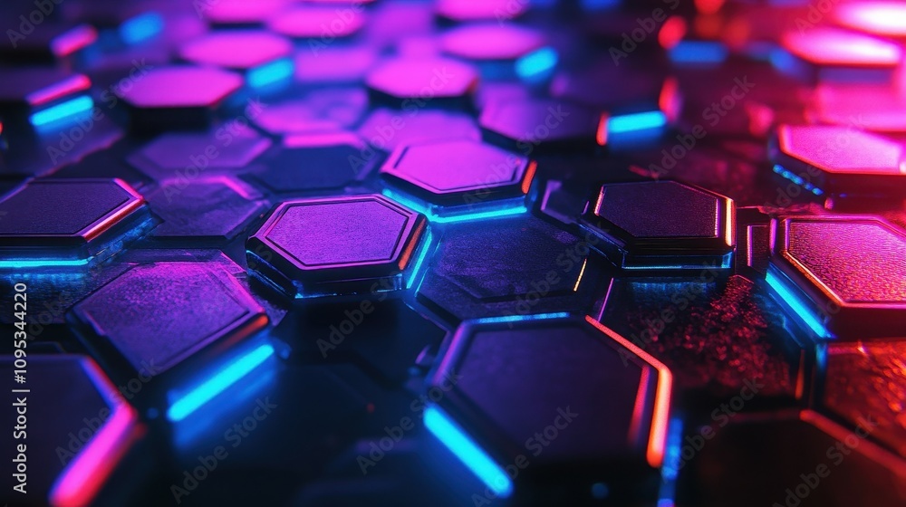 Poster glowing hexagonal tiles in vibrant colors illuminate a dark surface, creating an eye-catching patter