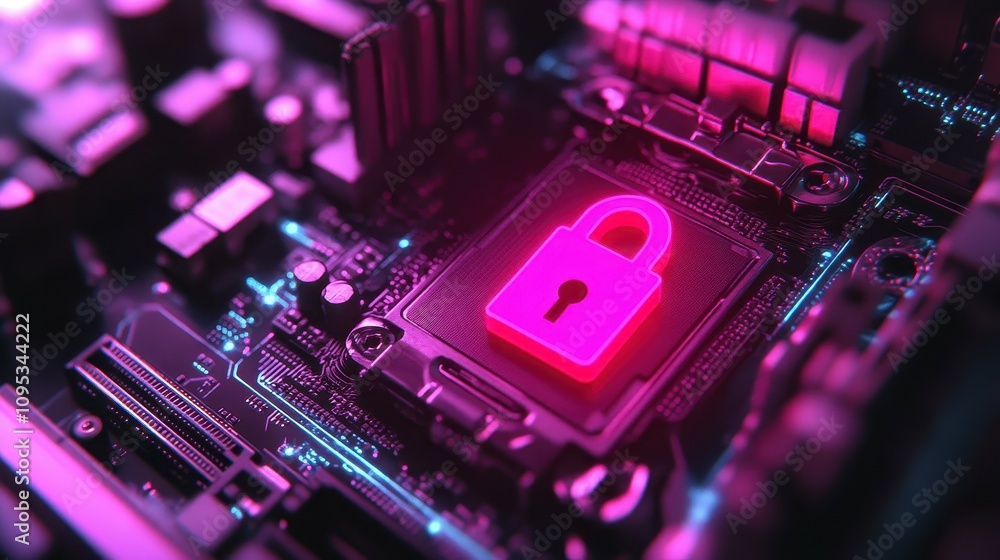 Poster a bright pink lock symbol is illuminated on a computer motherboard, emphasizing data security. the v