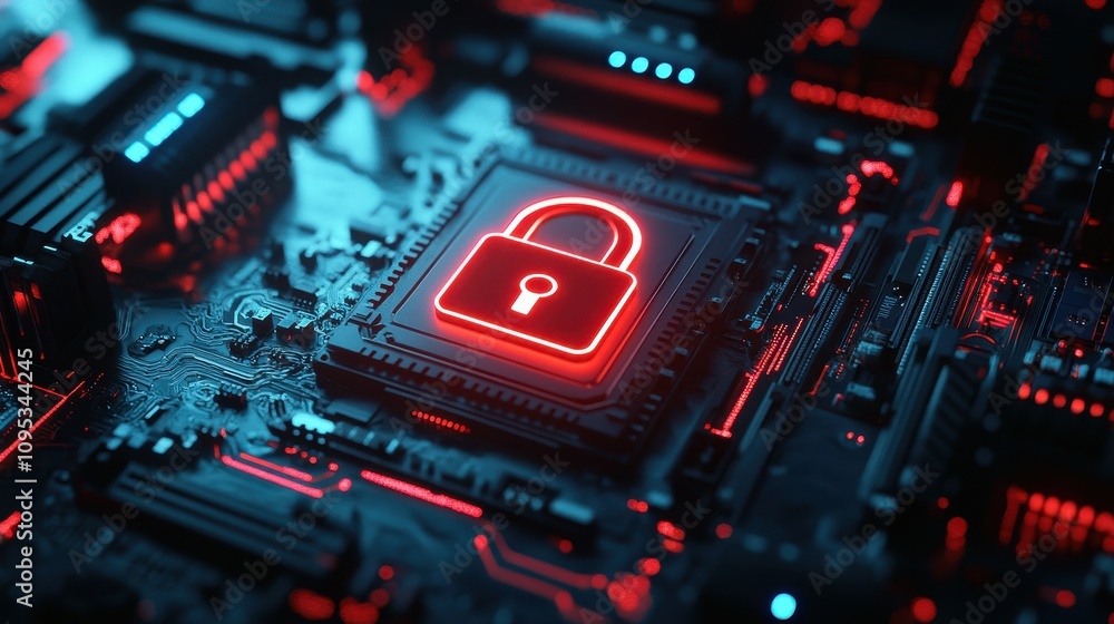 Poster a glowing red lock symbol is superimposed on a microchip within a circuit board. blue and red lights