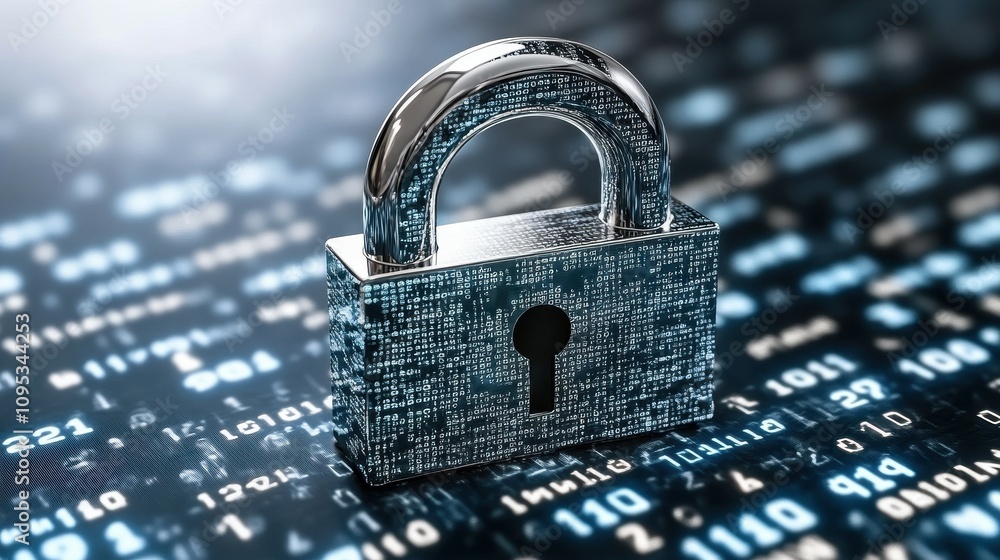 Poster a metallic lock sits prominently on a background filled with binary code, symbolizing the importance