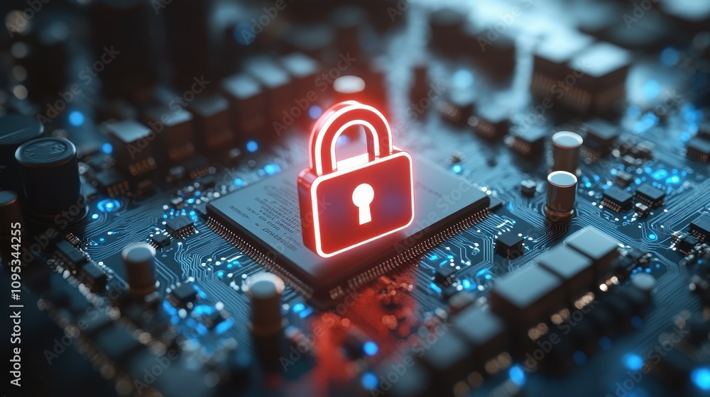 Poster a glowing red lock symbol is positioned on a microchip, surrounded by intricate circuit board detail
