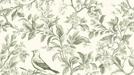 A bird is perched on a branch in a green and white floral pattern