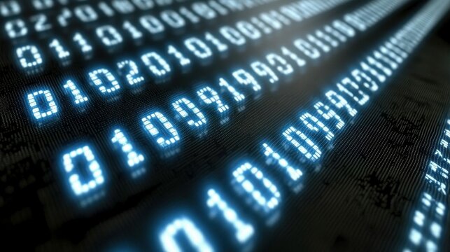 Binary code appears dynamically on a dark surface, showcasing the essence of digital technology. The glowing numbers symbolize information flow and connectivity in our digital age