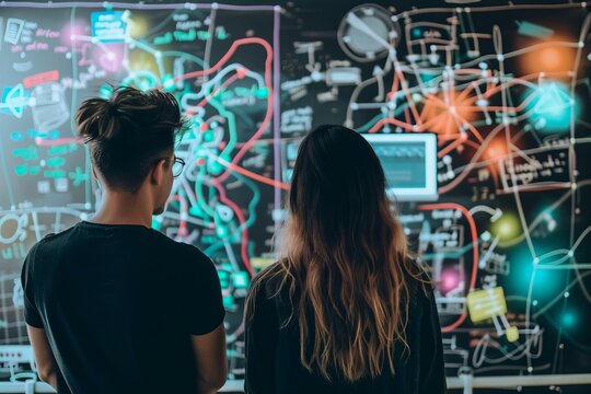 Two software developers analyzing a complex flowchart displayed on an interactive whiteboard, collaborating on a new project