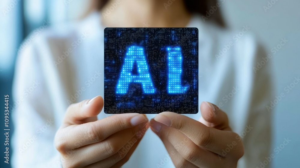 Poster a person is displaying a glowing blue representation of artificial intelligence in a contemporary of