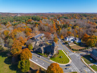 First Parish Church aerial view in fall with foliage at 349 Boston Post Road in historic town...