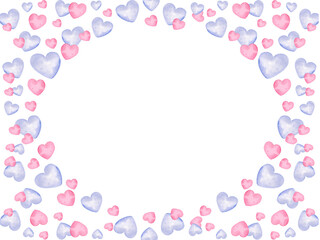 watercolor horizontal white frame with heart to Valentine day theme, hand draw illustration of wreath, pink and lilac color border on white background