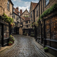 The Shambles in York, England, with its medieval architecture and cobblestone streets.