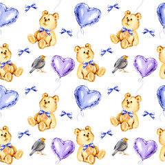 watercolor seamless pattern with cute red breasted bird, funny bear toy, blue and lilac foil air balloons in a heart shape, blue ribbon bow, hand drawn illustration for valentine's day, birthday party