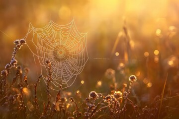 Dew-covered spiderweb in golden sunrise.