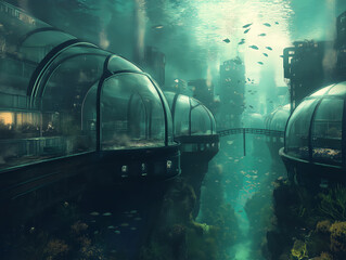 underwater city with glass domes and marine life