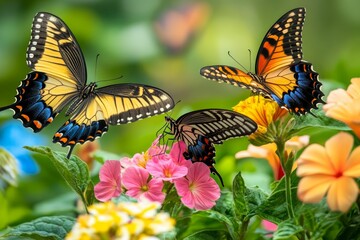 Obraz premium Three butterflies on colorful flowers.