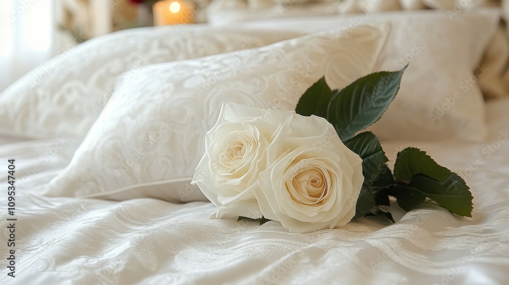 Poster two elegant white roses lie gracefully on a plush white bedspread adorned with subtle patterns in a 