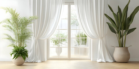 Soft white curtain swaying in front of a window with gentle breeze. high quality image