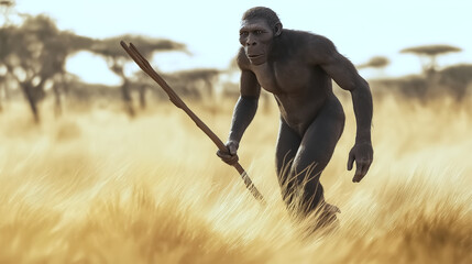 Homo Erectus walking through a golden savanna carrying a wooden spear, realistic art

