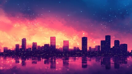 Fototapeta premium Cityscape at sunset reflected in water under a vibrant, starry sky.