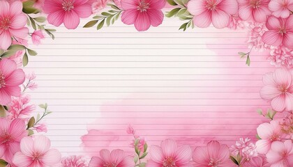 Delicate pink flowers frame a lined paper background, creating a romantic and elegant design.