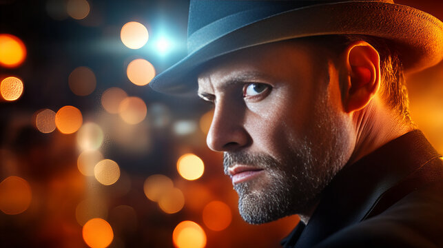 Intriguing Detective Banner with Intense Gaze and Striking Hat Amidst Glowing Orange Lights and Black Shadows Mysterious Background Image