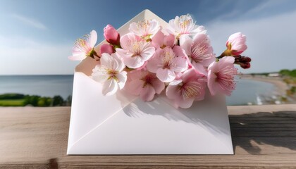 Pink blossoms overflowing from a white envelope.