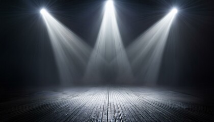 Three spotlights illuminate a dark wooden stage, creating a dramatic atmosphere.