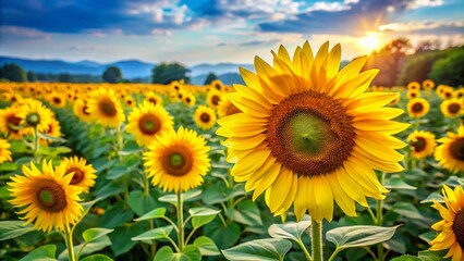 Yellow sunflowers bloom in the field background. generative ai
