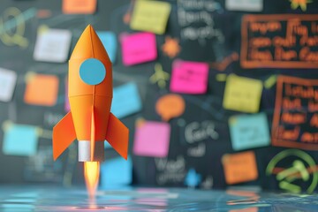 Orange rocket launching from idea board, symbolizing project kickoff and innovative business strategy